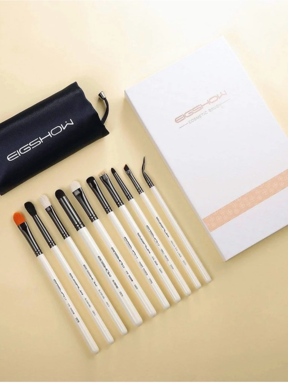 10-Piece White Handle Eye Makeup Brush Set Bright Silver